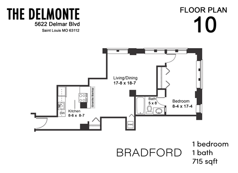 Floor plan for 1 bed, 1 bath, 715 sqft